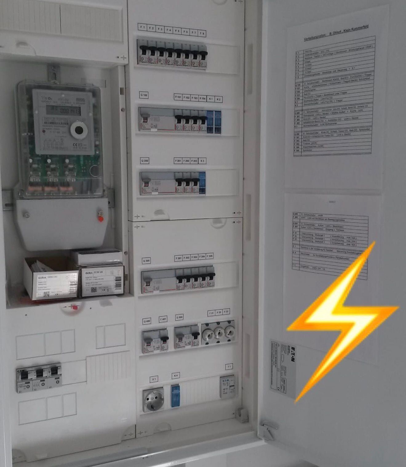 Neuer Sicherungskasten mit modernen Automaten und FI-Schutzschaltern, inklusive Warnsymbol für elektrische Spannung.